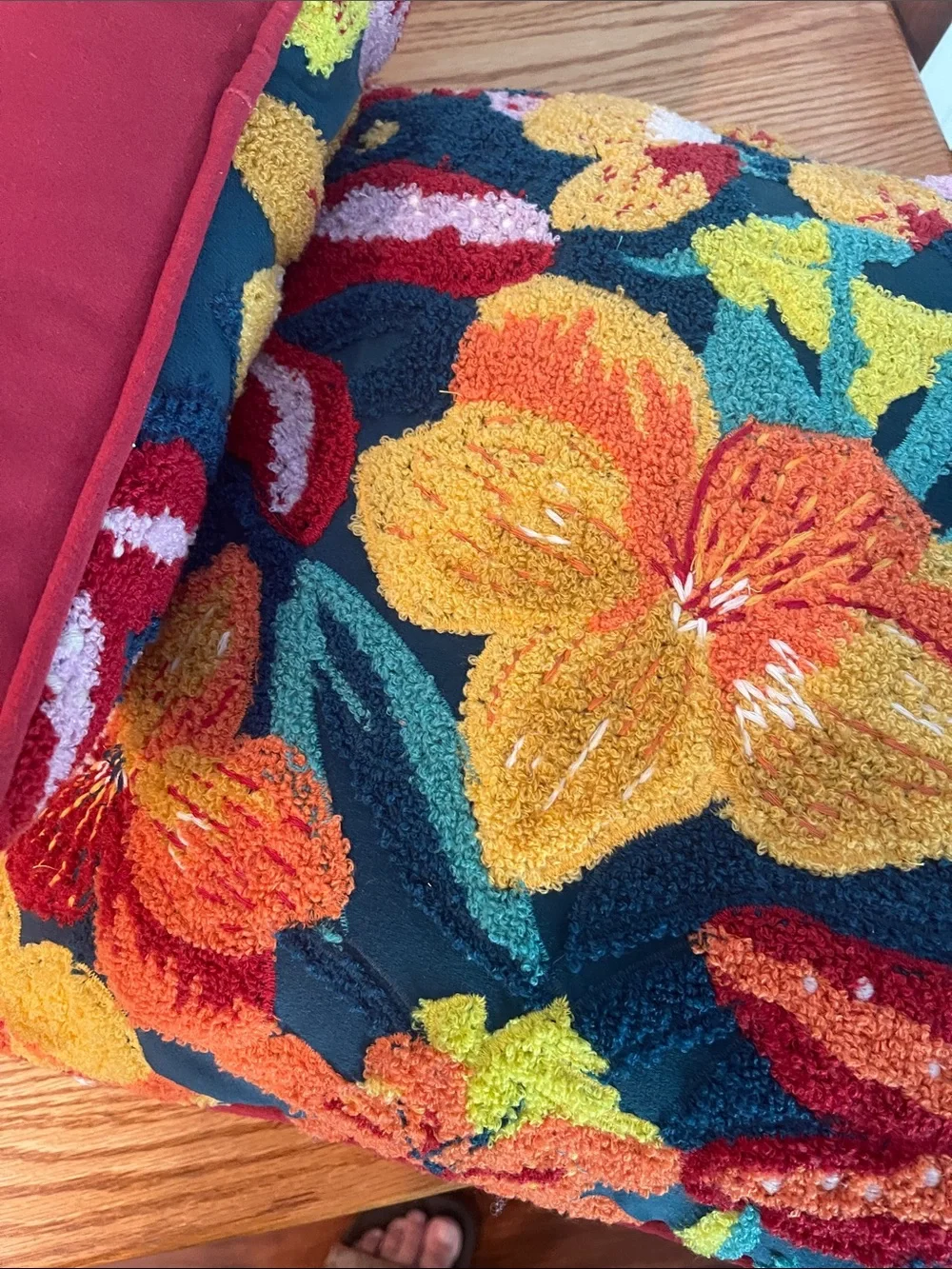 Textured Floral Accent Pillow - Orange, Yellow & Green
